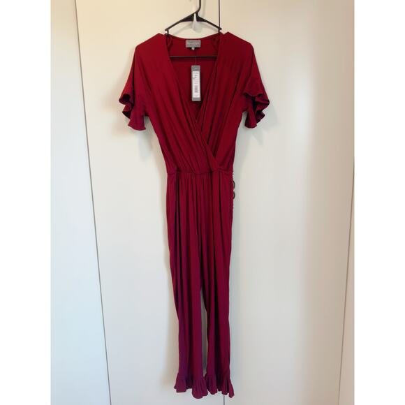 Michael Stars Womens Jumpsuit Size XS Maroon Ruffled Rialto Short sleeve NWT - Picture 2 of 8